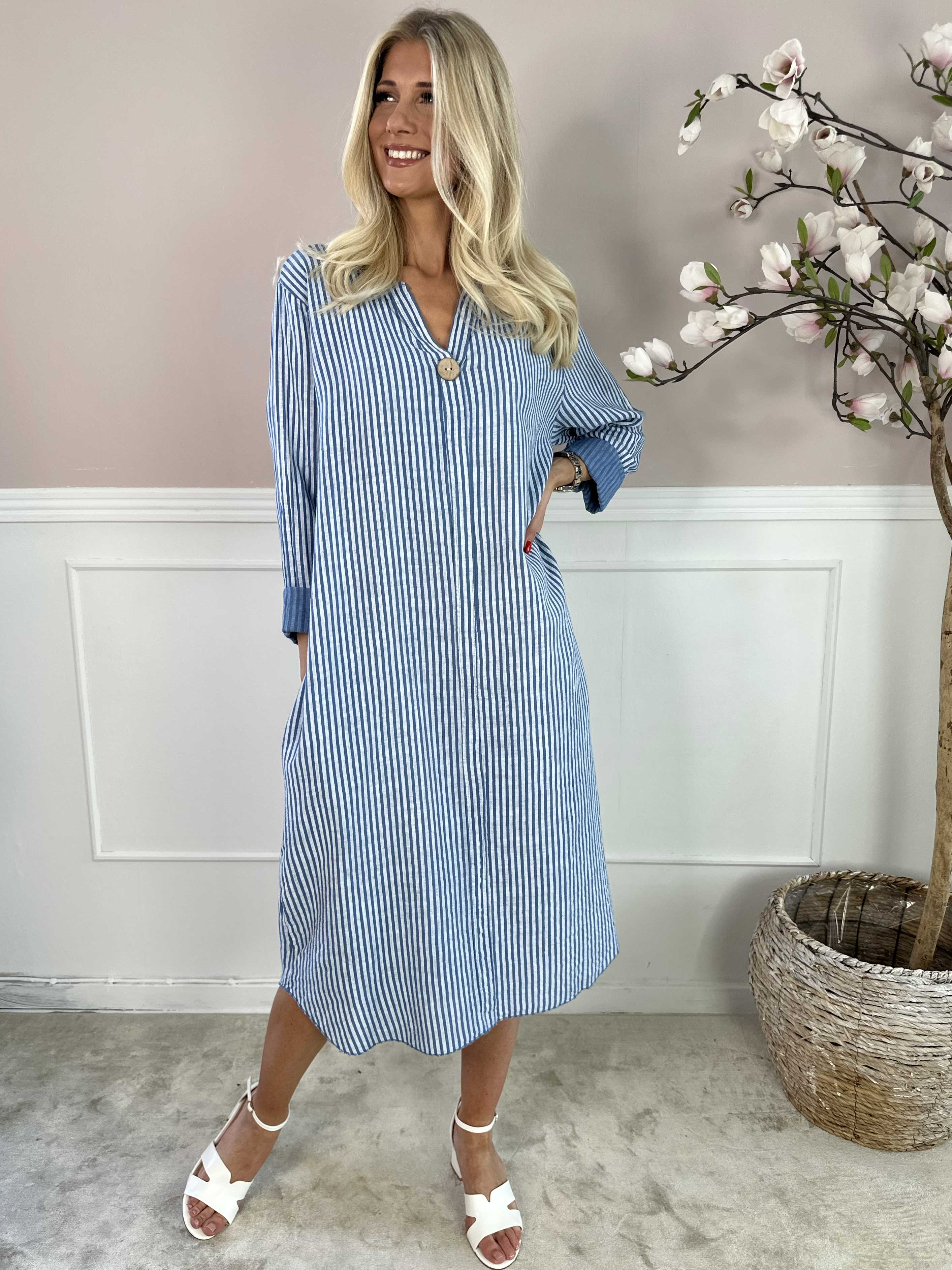 Arizona Stripe - Lang bomuldskjole i hørlignende stof